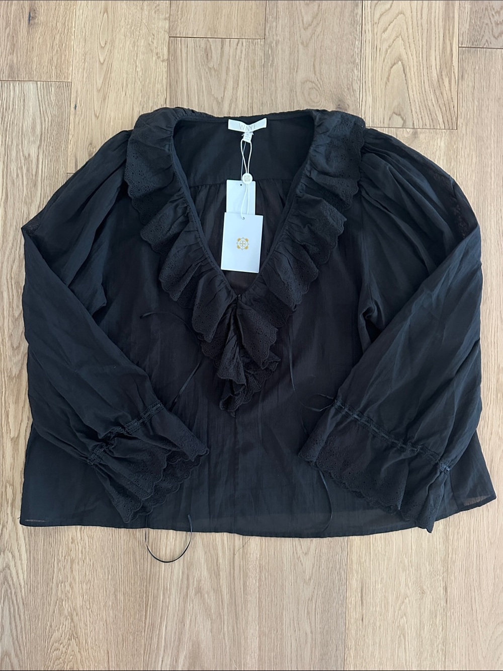 Wayf Black Ruffled V-Neck Blouse